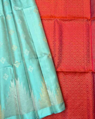 Temple Border Soft Silk Saree | Turquoise | Bright Red