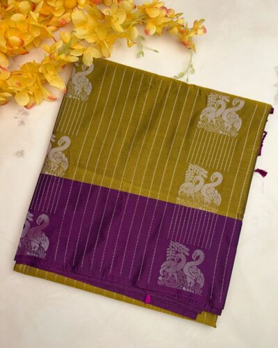 Luxury Vaira Oosi Soft Silk Silver Zari | Mustard Yellow | Deep Purple