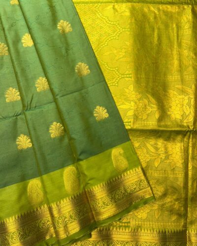 Amethyst Bloom - Semi Soft Silk Saree | Sage Green | Bright Yellow