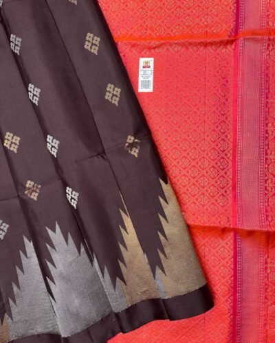 Temple Border Soft Silk Saree | Deep Plum | Coral Red