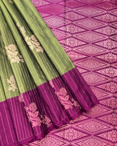 Luxury Vaira Oosi Soft Silk Silver Zari | Dusky Green | Magenta