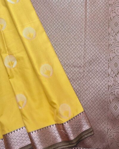 Elite Soft Silk Saree with small border | Golden Yellow | Brown