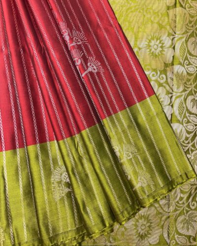 Luxury Vaira Oosi Soft Silk Silver Zari | Deep Red | Lime Green