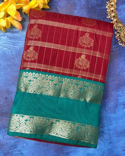 Semi Kanchipuram Silk Saree | Maroon | Emerald Green