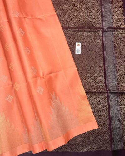 Temple Border Soft Silk Saree | Coral Pink | Deep Brown