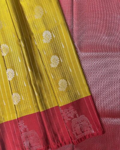 Luxury Vaira Oosi Soft Silk Silver Zari | Golden Yellow | Deep Red