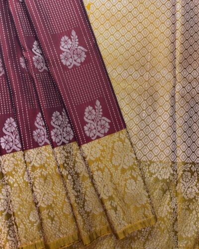 Luxury Vaira Oosi Soft Silk Silver Zari | Wine Maroon | Mustard