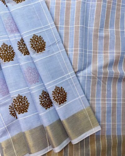 Chola Checked Linen Printed Cotton - Sky Blue