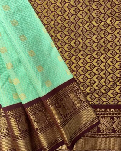Semi Kanchipuram Silk Saree | Mint | Maroon