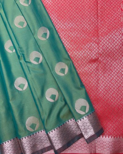 Elite Soft Silk Saree with small border | Sea Green | Bright Red