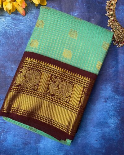 Semi Kanchipuram Silk Saree | Seafoam | Gold