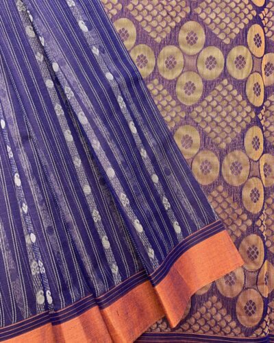 Pure Cotton Vaira Oosi Pattern Saree | Dual Color - Navy Blue with Copper Gold