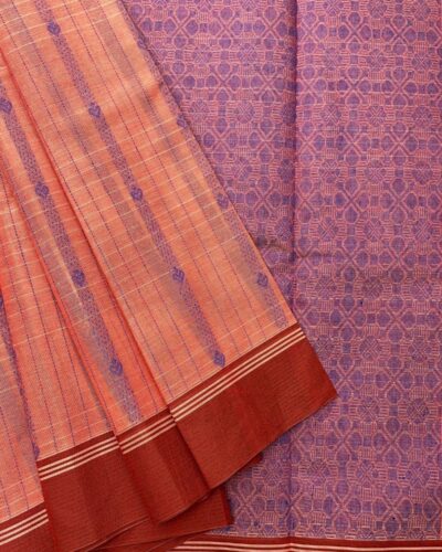 Pure Cotton Vaira Oosi Pattern Saree | Peach-Orange | Lavender-Purple