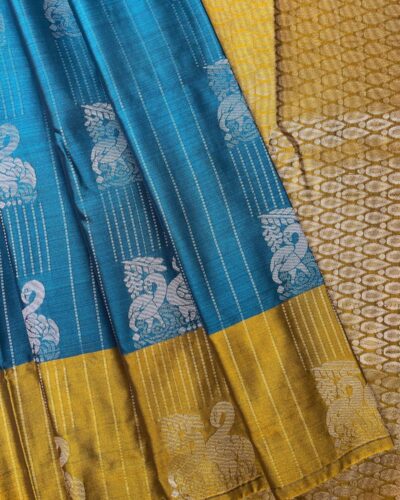 Luxury Vaira Oosi Soft Silk Silver Zari | Sky Blue | Golden Yellow