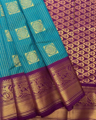 Semi Kanchipuram Silk Saree | Teal | Purple