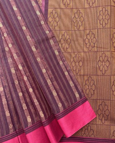 Pure Cotton Vaira Oosi Pattern Saree | Dark Plum | Antique Gold