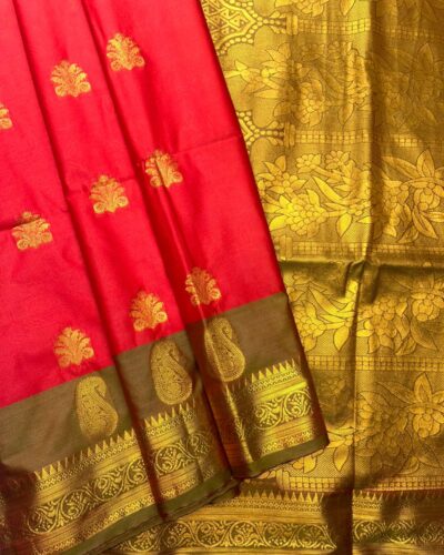 Amethyst Bloom - Semi Soft Silk Saree | Bright Red | Brown