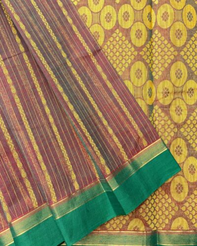 Pure Cotton Vaira Oosi Pattern Saree | Dual Color - Maroon-Brown with Golden Yellow & Blue