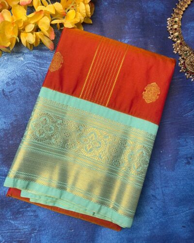 Semi Kanchipuram Silk Saree | Red | Turquoise