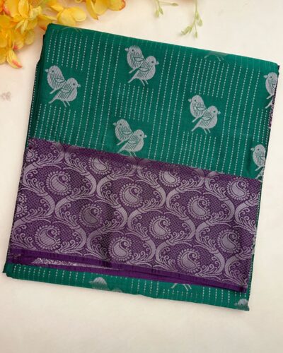 Luxury Vaira Oosi Soft Silk Silver Zari | Forest Green | Deep Purple