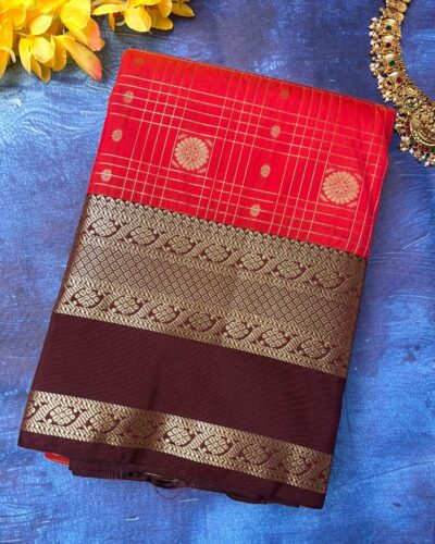 Semi Kanchipuram Silk Saree | Red | Taupe