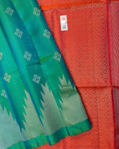 Temple Border Soft Silk Saree | Turquoise | Red Coral