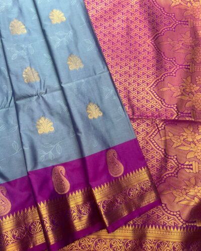 Amethyst Bloom - Semi Soft Silk Saree | Sky Blue | Deep Magenta