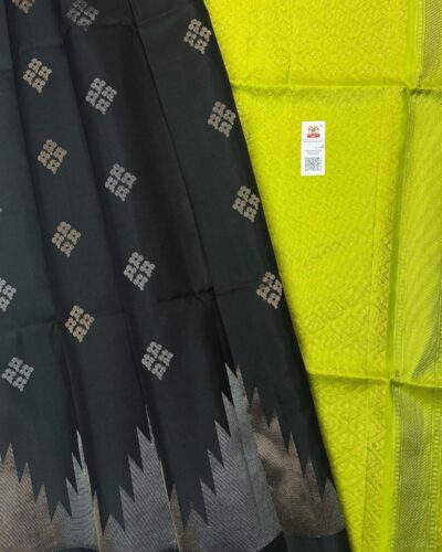 Temple Border Soft Silk Saree | Forest Green | Neon Yellow
