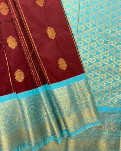 Semi Kanchipuram Silk Saree | Rusted Red | Turquoise