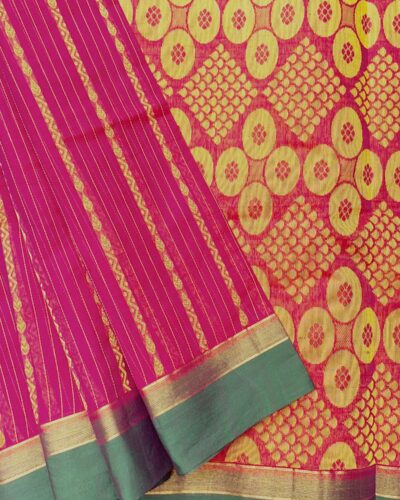 Pure Cotton Vaira Oosi Pattern Saree | Rani Pink | Golden Yellow