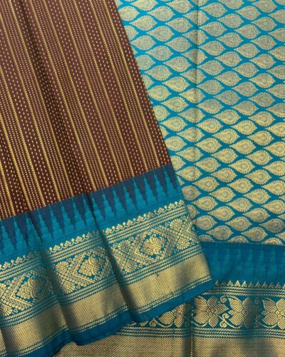 Semi Kanchipuram Silk Saree | Chocolate Brown | Peacock Blue