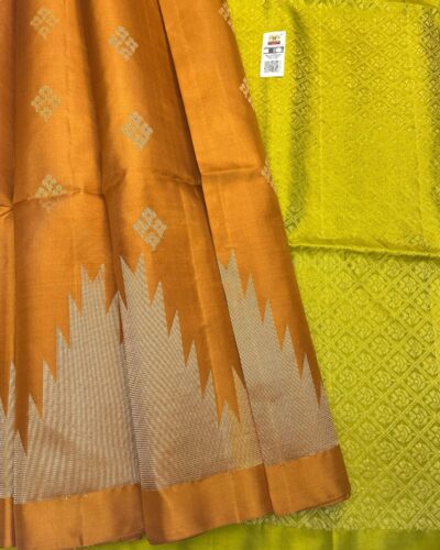 Temple Border Soft Silk Saree | Burnt Orange | Yellow Lime