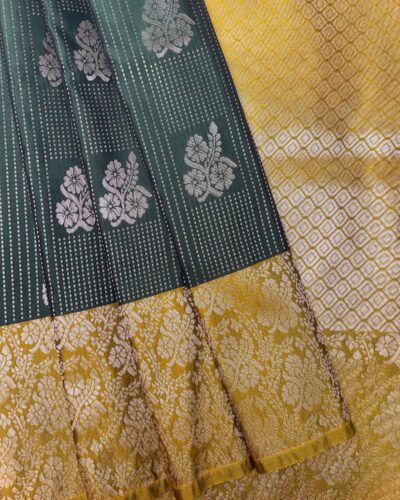 Luxury Vaira Oosi Soft Silk Silver Zari | Forest Green | Gold Mustard