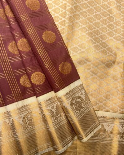 Semi Kanchipuram Silk Saree | Maroon | Cream