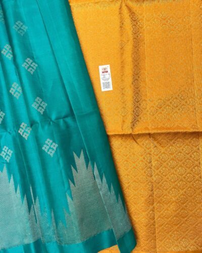 Temple Border Soft Silk Saree | Turquoise | Golden Yellow