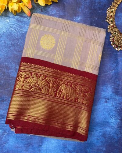 Semi Kanchipuram Silk Saree | Taupe | Maroon