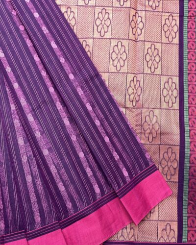 Pure Cotton Vaira Oosi Pattern Saree | Aubergine Purple | Cream Peach