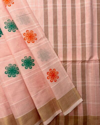 Chola Checked Linen Printed Cotton - Light Pink