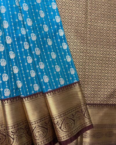 Semi Kanchipuram Silk Saree | Peacock Blue | Maroon