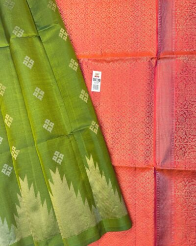 Temple Border Soft Silk Saree | Lime Green | Coral Pink