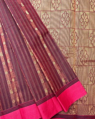 Pure Cotton Vaira Oosi Pattern Saree | Dark Maroon | Golden Beige