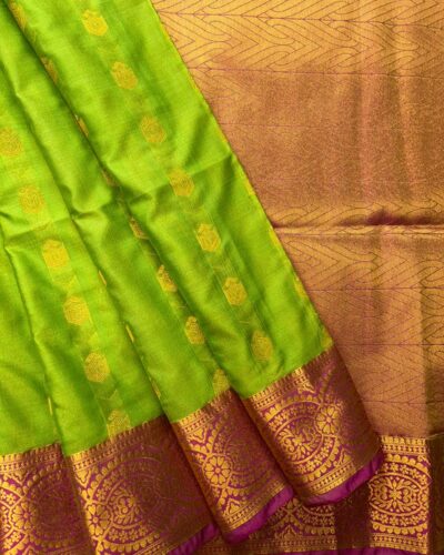 Vintage Kanchi Soft Silk | Lime Green | Deep Burgundy