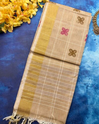 Chola Checked Linen Printed Cotton - Beige