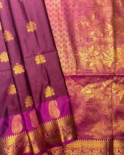 Amethyst Bloom - Semi Soft Silk Saree | Deep Maroon | Bright Pink