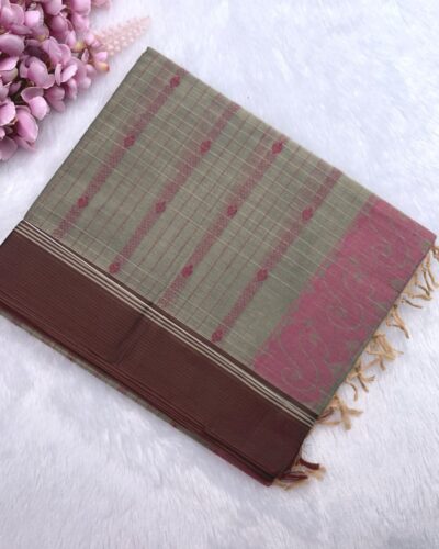 Pure Cotton Vaira Oosi Pattern Saree | Sage Green | Cornflower Blue