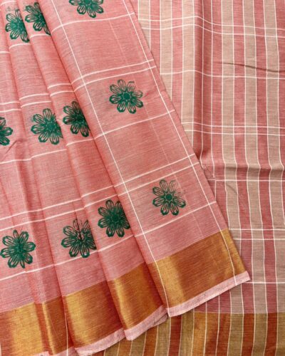 Chola Checked Linen Printed Cotton - Coral Pink