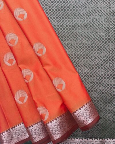 Elite Soft Silk Saree with small border | Coral Red | Dark Green