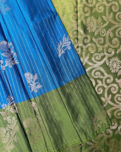 Luxury Vaira Oosi Soft Silk Silver Zari | Bright Blue | Grass Green
