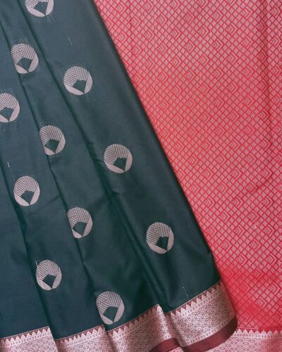 Elite Soft Silk Saree with small border | Dark Teal Green | Rose Red