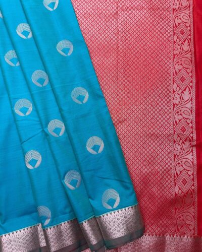 Elite Soft Silk Saree with small border | Turquoise Blue | Deep Red